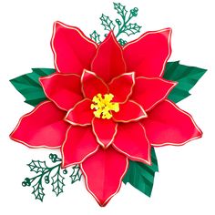 a paper poinsettia with leaves and holly on it's side, cut out to look like an origami flower