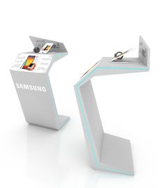 two electronic devices are on display in the shape of an arrow