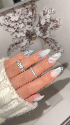 Nail Art Noel, Snow Nails, Milky Nails, December Nails, Medium Almond, Winter Nail Designs, Xmas Nails, Nailed It