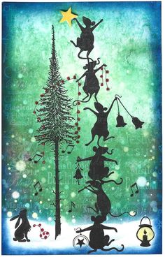 the silhouettes of cats and mice are dancing in front of a christmas tree with musical notes