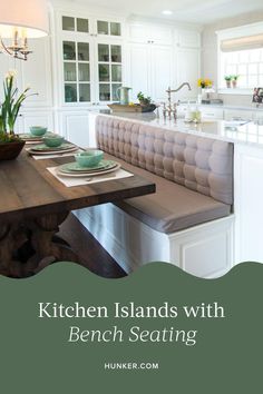 a kitchen island with bench seating in the middle