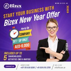 a woman in business attire pointing to the right with her hand on her hip, and an advertisement for bizx new year offer