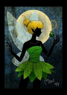 a painting of a fairy holding a green apple in front of a full moon background