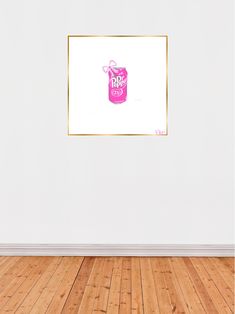 an empty room with wooden floors and a white wall in the background, there is a pink bag hanging on the wall