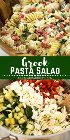 greek pasta salad with zucchini, tomatoes and spinach in a large pot