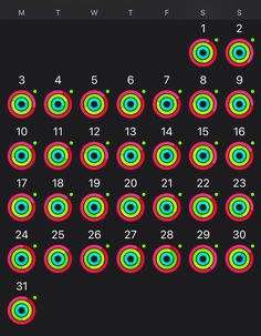 an iphone screen showing the time and date for each event, with different colored circles on it