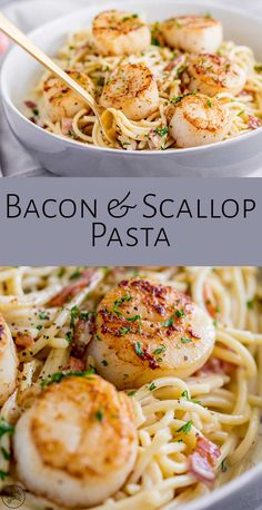 two pictures of pasta with shrimp and scallops in it, one is on the plate