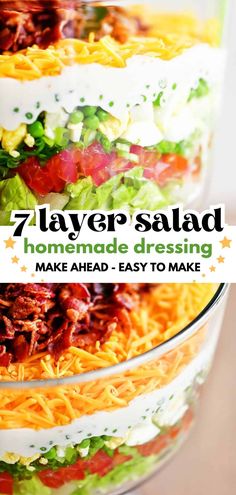 Seven layer salad with homemade dressing. Salad Fixings, 7 Layer Salad, Layer Salad, Seven Layer Salad, Layered Salad Recipes, Fresh Salad Recipes, Layered Salad, Cold Salad, 7 Layer