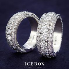 two white gold wedding rings with diamonds on each one and the words ice box written below them