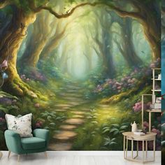 a room with a wall mural that has a forest scene on it