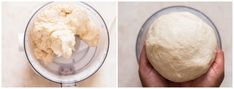 two pictures showing dough being made in a blender and the same photo shows how to make bread