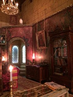 a living room with a chandelier, bookshelf and fireplace in it