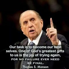 an older man giving a speech with a quote from thomas s monson