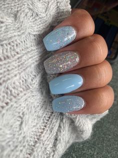 Light Blue Nails Silver Glitter, Grad Gel Nails, Nails For Prom 2023, Nails For Prom Light Blue, Sky Blue Nails With Design, Pastel Blue Nails With Glitter, Glitter Blue Nail Designs, Powder Blue And Silver Nails, Sparkly Blue And Silver Nails