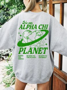 Alpha Chi Omega Planet Crewneck Sweatshirt | Be Kind to the Planet Trendy Sorority Crewneck Alpha Chi Omega Shirts, Alpha Delta Pi Sorority, Delta Gamma Sorority, Delta Zeta Sorority, Kappa Delta Sorority, Alpha Epsilon Phi, Sigma Delta Tau, Theta Phi Alpha, Delta Phi Epsilon