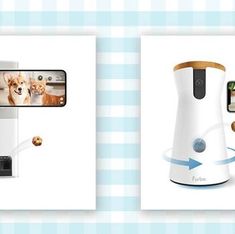 two pictures of an appliance with a dog on the screen and another one showing it's selfie