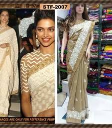 Buy Deepika In Beige Georgette Embroidered Saree With Blouse deepika-padukone-saree online Deepika Padukone Saree, Cream Saree, Chevron Blouse, Stripe Blouse, Desi Clothes, Indian Woman, Ghagra Choli