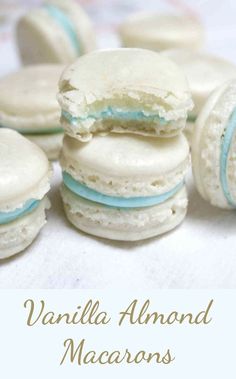 vanilla almond macarons are stacked on top of each other with the words vanilla almond macaroons