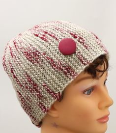 Knitted beanie with big button, gray and red woman hat, elegant head warmer chemo hat Woman Hat, Knitted Beret, Floral Hat, Hand Knit Hat, Chemo Hat, Hat Handmade, Knitted Beanie, Hat Beanie