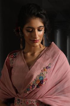 Buy Anju Modi Pink Silk Chanderi Embellished Saree Online | Aza Fashions Embellished Saree, Neck Patterns, Big Rangoli, Angrakha Style, Simple Saree Designs, Chanderi Saree, Churidar Designs, Simple Sarees, Indian Fashion Saree