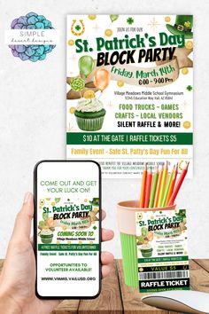 st patrick's day block party flyer with phone and cup full of straws