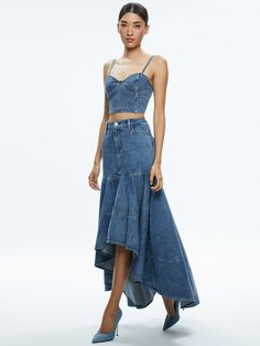 Donella High Low Skirt In Brooklyn Blue Luxury Asymmetrical Skirt With Frayed Hem, Luxury Spring Skirt With Frayed Hem, Denim Asymmetrical Midi Skirt, Side High Low Skirt, Casual High Low Skirt, Teal High Low Skirt, Long High Low Skirt, Hi Low Maxi Skirt, Long Denim Skirt Outfit