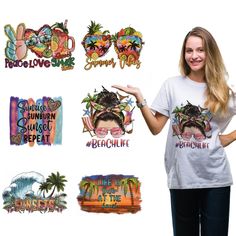 a woman standing in front of a white wall with stickers on it and palm trees