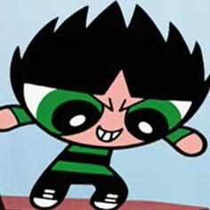 a cartoon character with black hair and green eyes