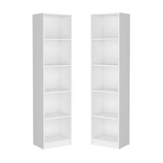 two white bookcases with one open and the other closed on both sides, facing each other