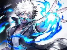 an anime character with white hair and blue eyes holding his hands up in the air