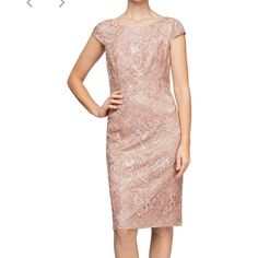 Alex Evenings Embroidered Sequin Lace Dress Color:Rose Gold Size:12 This Glamorous Cap Sleeve Lace Cocktail Dress Is Finished With Lush Floral Embroidery & Shimmering Sequin Detail. Wear This Wonderful Dress At The Night Of Any Big Event... Perfect For Wedding Guests! Elegant Embroidered Midi Dress For Cocktail, Elegant Embroidered Lace Dress For Festive Occasions, Elegant Embroidered Dress For Gala, Elegant Fitted Embroidered Dress With Sequins, Elegant Embroidered Sequin Fitted Dress, Fitted Embroidered Lace Midi Dress, Elegant Fitted Embroidered Dress For Gala, Formal Fitted Embroidered Sequin Dress, Elegant Embroidered Midi Dress For Formal Occasions