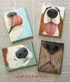 three pictures of dogs with their mouths open and tongue out, on top of an old book