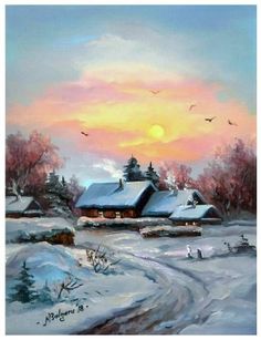 a painting of a snowy landscape with houses and birds flying in the sky at sunset