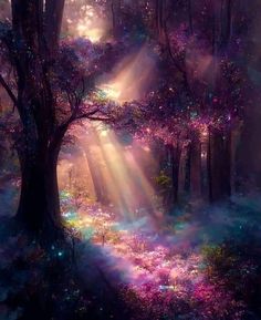 the sun shines through the trees and leaves in this fantasy forest scene with pink flowers