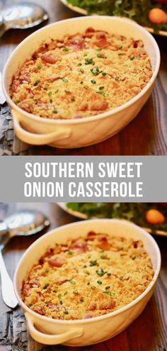 two pictures showing the same casserole in different dishes