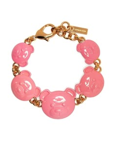 teddy bear link bracelet from MOSCHINO featuring pink, gold-tone, logo charm, clasp fastening, adjustable fit and bear charm detailing. Luxury Pink Jewelry With Logo Charm, Luxury Pink Bracelets With Charms, Pink Girly Things Accessories, Pink Novelty Bracelets With Charms, Moschino Teddy Bear Bag, Moschino Teddy Bear, Love Moschino Pink Bag, Imvu Outfits Ideas Cute, Detailing Logo