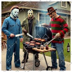 three people in costumes grilling hot dogs on a bbq with the same person wearing a mask