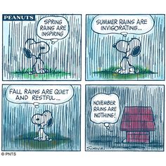 a comic strip with snoop and his doghouse in the rain, saying that it's raining