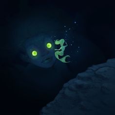 an animated creature with glowing eyes in the dark, looking like it's floating on water