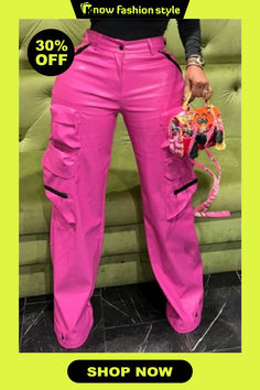 knowfashionstyle Pink Casual High Waist Pocket Zipper Straight Leg Cargo Pants Trendy Spring Pants With Zip Fly, Trendy Straight Leg Pants With Zipper Closure, Spring Bottoms With Side Pockets For Night Out, Spring Night Out Bottoms With Side Pockets, Trendy High Waist Pants With Zip Fly, Trendy High Waist Pants With Zipper Closure, Trendy Fitted Bottoms With Zip Fly, Casual High Waist Pants With Zipper Closure, Trendy Bottoms With Side Zipper For Spring