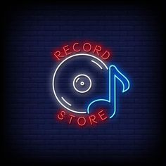 record store neon sign on brick wall with music note and vinyl disk in the center