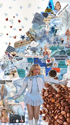 a woman standing in front of a blue and white collage with pictures on it