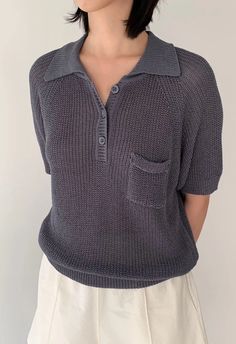 Khatie Knit Polo In Grey #contemporary #luxury #fashion #outfit #womensfashion #outfits #summer #tops #elevated #wardrobe #ootd #ootn #summeressentials #dallasfashion #designers #boutiques #shopping #clothing #casual #everydaystyle #nightout #date #outfit #resortwear #comfortable #leisurewear #couture #tailored #womensclothing #corporatebusinesswear #workwear #stylist #beach #thenkcstore #nicolekwon #koreanfashion #streetwear #streetstyle Dallas Fashion, Knit Polo, Knit Tank, Knitting Women, Linen Top, Knitted Tank Top, Knit Collar, Knit Tanks, Summer Essentials