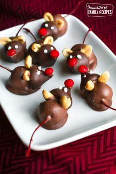 chocolate mice with reindeer antlers on them sitting on a white plate, ready to be eaten