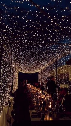 people are sitting at a long table covered in lights