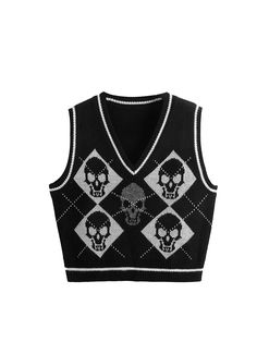 PRICES MAY VARY. Material: Women's V Neck Sweater Vest is made of high-quality polyester fabric, soft and skin-friendly, wear-resistant and elastic, windproof and good thermal performance, comfortable to wear. Printed Patterns: The V-neck Gothic knitted vest is designed in argyle and skeleton printed patterns, v neck sweaters vest,sleeveless sweaters,knit tank top,solid color tunics,loose fit,pullover tops.90s E-girl gothic skeleton print loose knit tops, preppy style knitwear crop tank to. Size & Color: S/ M/ L/ XL, four sizes and eight sizes are available for you,vintage graphic print vest top are easy to adapt to any figure, please check the details of our products in the specifications. Occasions: Sleeveless Sweaters Cable Knit Tops perfect for daily wear, dating, school, work, shoppin Argyle Vest, Argyle Print, Crop Pullover, Skull Sweater, Knit Sweater Vest, Graphic Sweaters, Sweater Vest Women, Women Halloween, Pull Sweat