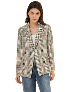 Document Pump up your power suit look with this Flap Pockets Check Pattern Blazer.Get yourself in a boldly checked blazer with a double-breasted silhouette.Classic check pattern with notched lapel and double breasted closure blazer.Fabulous over jeans for a casual look, or pair it with a smart midi skirt for a boss lady vibe.All prepped up for the coming season, this double-breasted tartan jacket is loaded with styling options.Body size chart shows fitting size, please check your measurements to Womens Plaid Blazer, Tartan Jacket, November Fashion, Formal Blazer, Work Formal, Blazer White, Fashionable Clothes, Power Suit, Checked Blazer