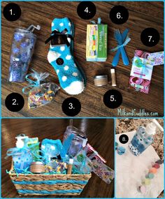 the instructions for how to make a baby's diaper gift basket with items in it