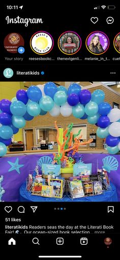 an instagram page with balloons and books on it