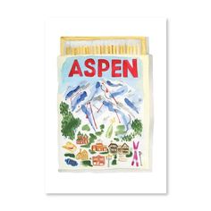 a poster with the words aspen written in red and blue, on top of a white background